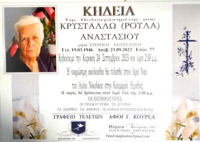 Απεβίωσε η Κρυστάλλω (Ρούλα) Αναστασίου