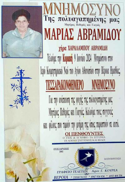 Την Κυριακή το Τεσσαρακονθήμερο Μνημόσυνο της Μαρίας Αβραμίδου