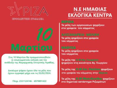 Την Κυριακή οι εκλογές για νέα Νομαρχιακή Επιτροπή του ΣΥΡΙΖΑ Ημαθίας